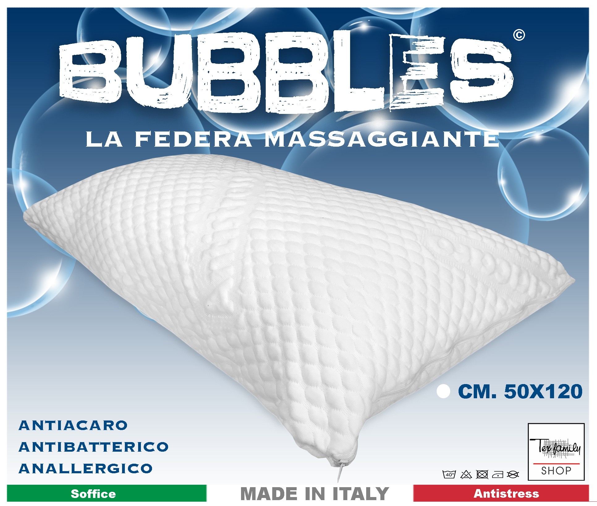 FEDERA antiacaro ANALLERGICA massaggiante 1 PIAZZA E MEZZA con cerniera CM.  50X120 misura francese