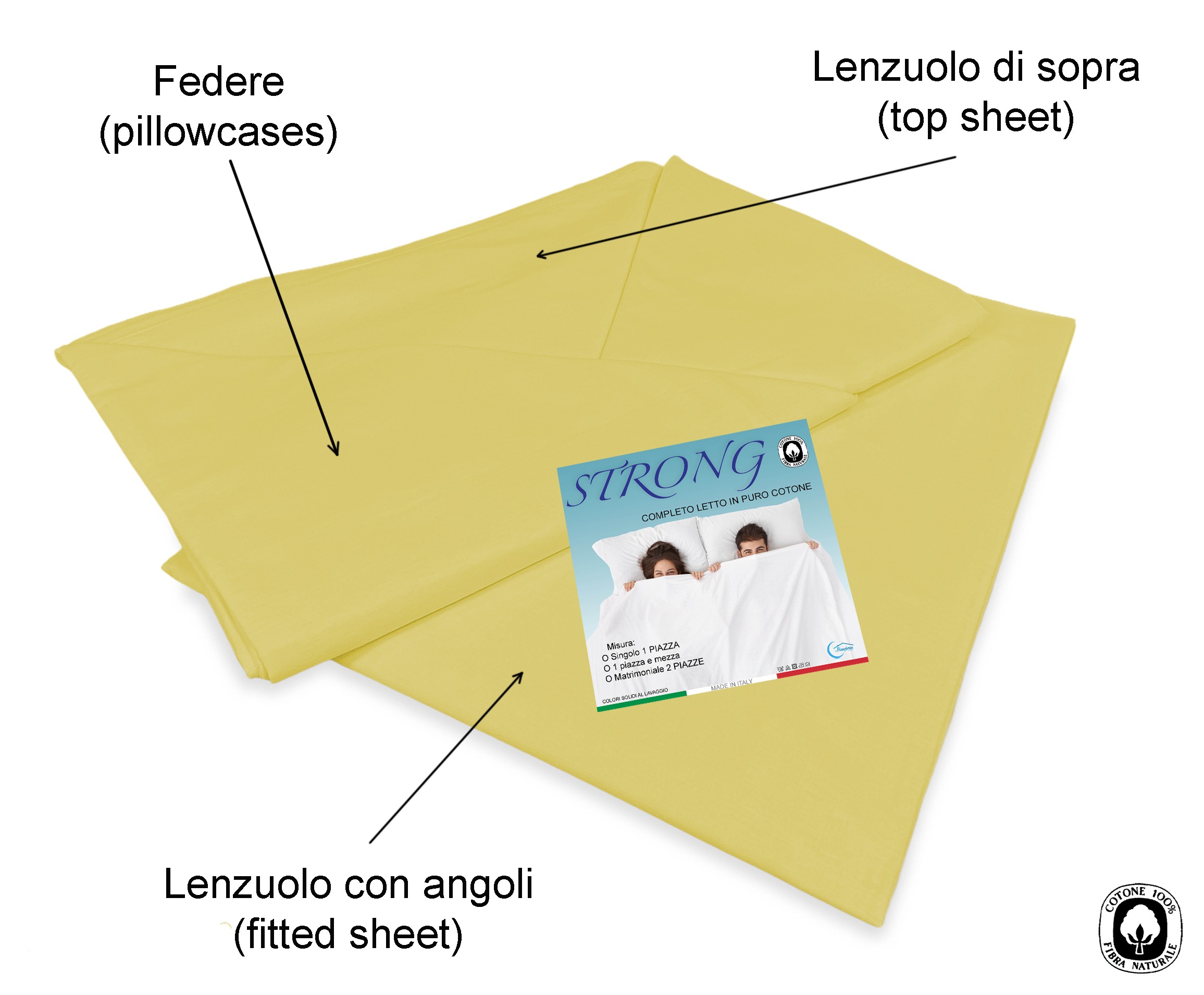 Set Lenzuola Matrimoniale Sopra Sotto e Federe Tinta Unita Giallo