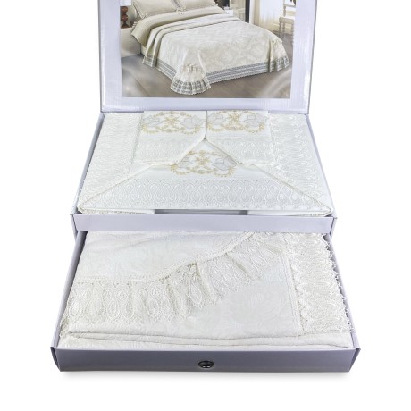Brautidee Bettwäsche und Tagesdecke Set mit Makramee-Spitze