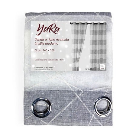 Yara Grey Embroidered Curtain 140x300 cm with Metal Eyelets - Modern Panel