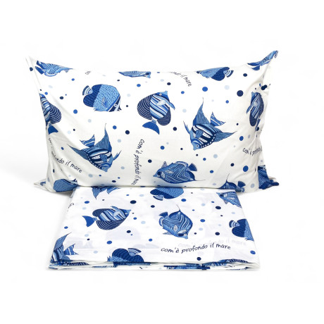 Parure de lit « How Deep is the Sea » avec imprimé poisson bleu sur fond blanc