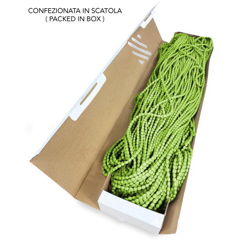 Green wire tent packed in box, ready to assemble