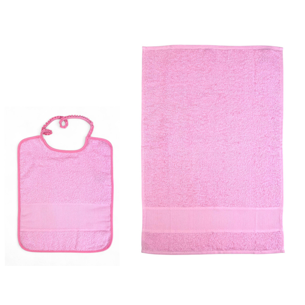 Conjunto de guardería rosa de 2 piezas con babero y toalla de rizo de algodón Conjunto de guardería rosa de 2 piezas con babero y toalla de rizo de algodón
