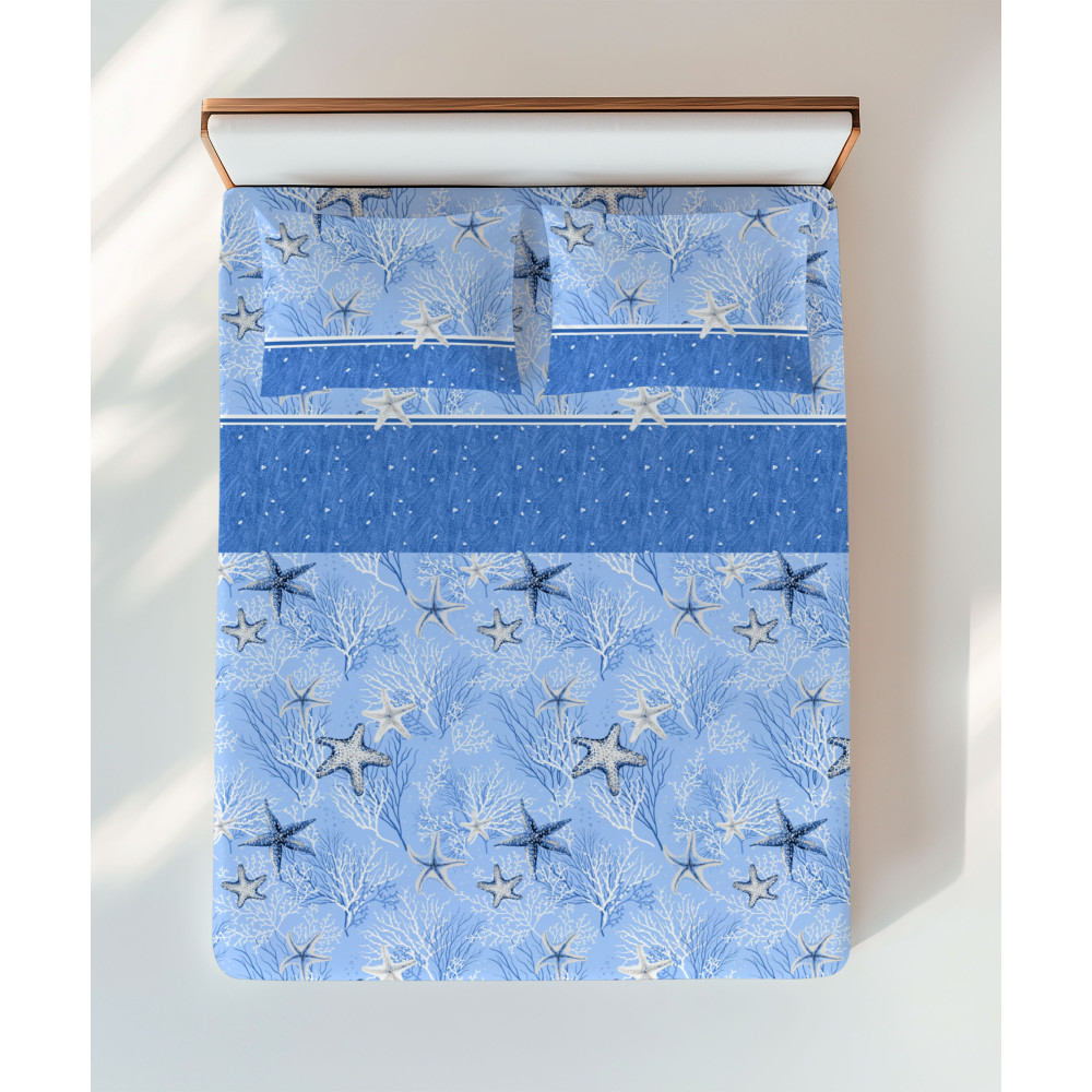 Conjunto de lino azul con estrellas de mar y corales – vista a la cama doble Conjunto de lino azul con estrellas de mar y corales – vista a la cama doble