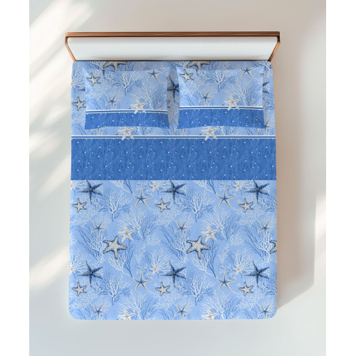 Blue linen set with starfish and corals – double bed view