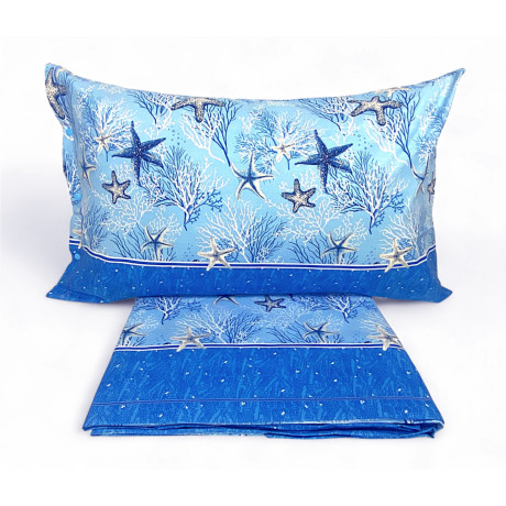 Blue linen set with starfish and corals – double bed view