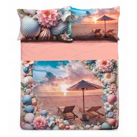 Completo letto matrimoniale Estate - Lenzuolo copriletto in cotone con stampa digitale spiaggia