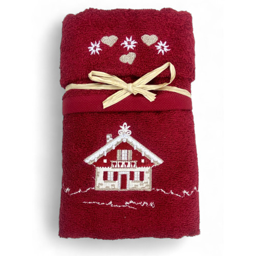 Handtuchset Tiroler Tirol Burgund mit Stickerei Alpenhaus aus Frottee 100% Baumwolle