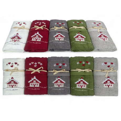 Tyrolean-style chalet towels in burgundy terry cloth with heart and star motifs