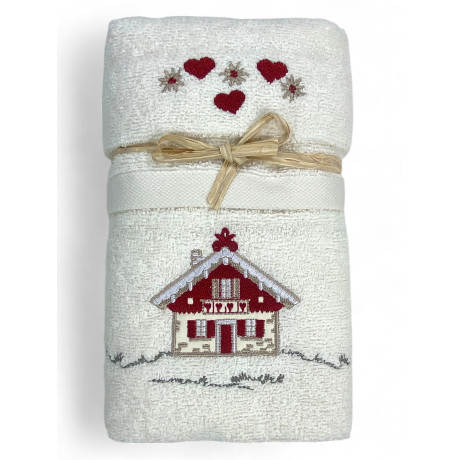 Ensemble de serviettes tyroliennes crème avec broderie maison alpine en tissu éponge 100 % coton