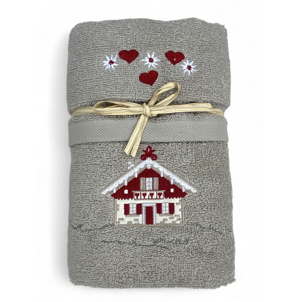 Ensemble de serviettes tyroliennes taupes avec broderie de maison tyrolienne sur tissu éponge 100 % coton Ensemble de serviettes tyroliennes taupes avec broderie de maison tyrolienne sur tissu éponge 100 % coton