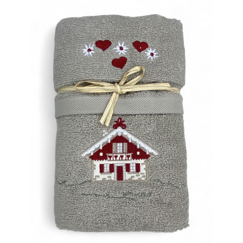 Ensemble de serviettes tyroliennes taupes avec broderie de maison tyrolienne sur tissu éponge 100 % coton