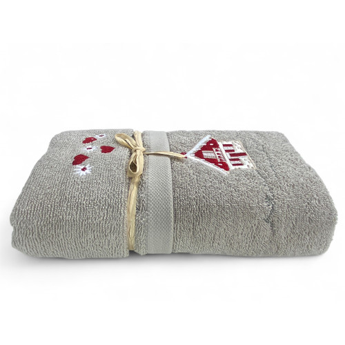 Taupe Tyrol towel with red heart decorations and edelweiss
