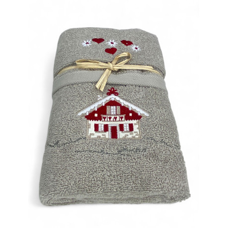 Ensemble de salle de bain taupe avec chalet brodé de style montagnard et nœud cadeau