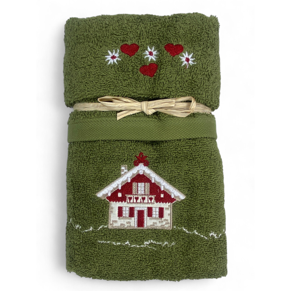 Ensemble de serviettes tyroliennes vertes avec broderie maison de chalet sur tissu éponge 100 % coton Ensemble de serviettes tyroliennes vertes avec broderie maison de chalet sur tissu éponge 100 % coton