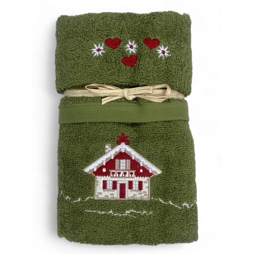 Set asciugamani Tirolese verde con ricamo casetta chalet su spugna 100% cotone