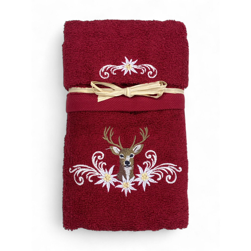 Serviette tyrolienne bordeaux avec broderie cerf et edelweiss sur tissu éponge 100 % coton Serviette tyrolienne bordeaux avec broderie cerf et edelweiss sur tissu éponge 100 % coton