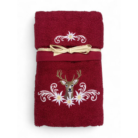 Set asciugamani bordeaux Tirolese con ricamo cervo e stelle alpine su spugna 100% cotone
