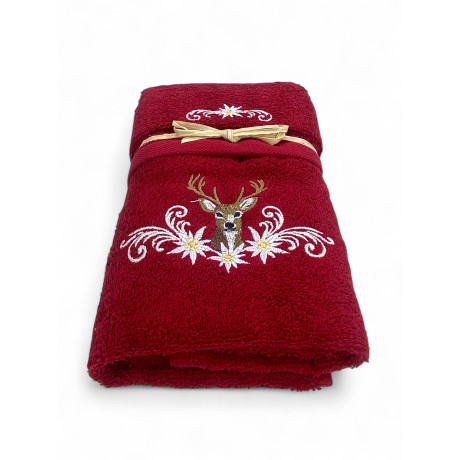 Set asciugamani bordeaux Tirolese con ricamo cervo e stelle alpine su spugna 100% cotone