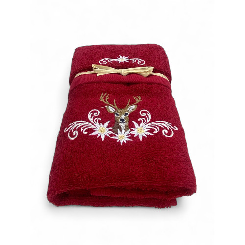 Serviette tyrolienne bourguignonne avec cerf central brodé et fleur d’edelweiss