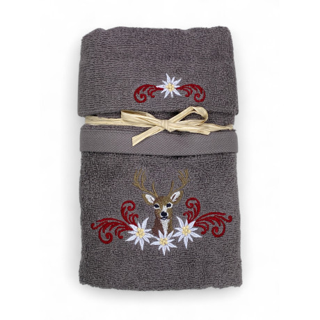 Tyrolean grey towel set with deer and edelweiss embroidery on 100% cotton terry cloth