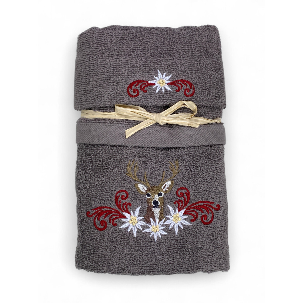 Ensemble de serviettes tyroliennes grises avec broderie cerf et edelweiss sur tissu éponge 100 % coton Ensemble de serviettes tyroliennes grises avec broderie cerf et edelweiss sur tissu éponge 100 % coton