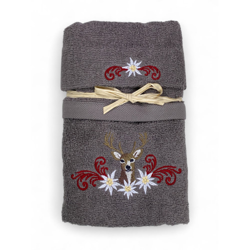 Tyrolean grey towel set with deer and edelweiss embroidery on 100% cotton terry cloth