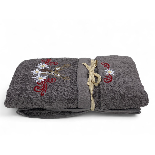 Grey bathroom set with deer embroidery, edelweiss flower and red scrolls