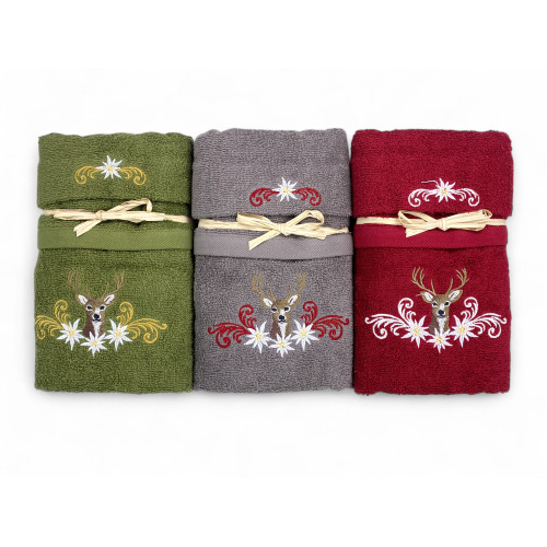 Tyrolean towels in grey cotton with deer decoration and white flowers