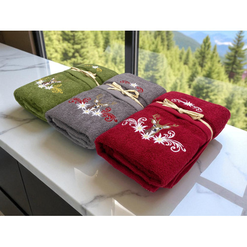 Grey terry cloth gift set with deer and edelweiss - Made in Italy product