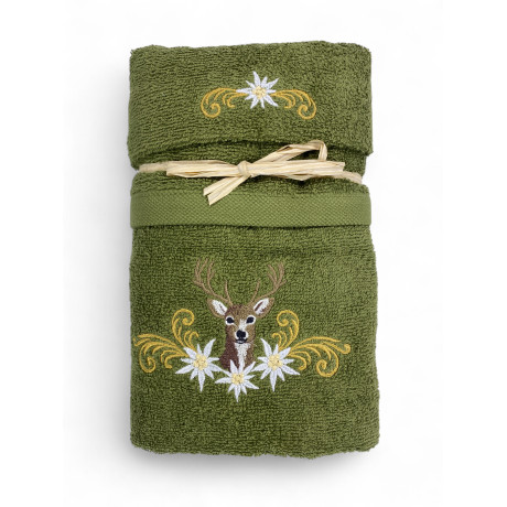 Tyrolean green towel set with deer embroidery and white edelweiss