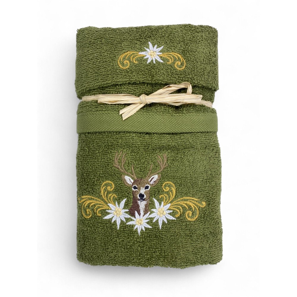 Ensemble de serviettes vert tyrolienne avec broderie de cerf et edelweiss blanc Ensemble de serviettes vert tyrolienne avec broderie de cerf et edelweiss blanc