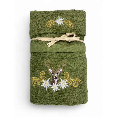 Ensemble de serviettes vert tyrolienne avec broderie de cerf et edelweiss blanc