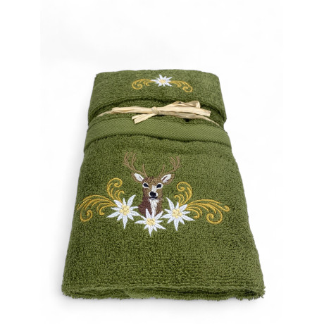 Set asciugamani verde Tirolese con ricamo cervo e stelle alpine bianche