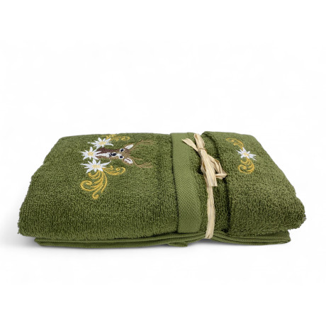 Tyrolean green terry bath gift set with mountain details and bow