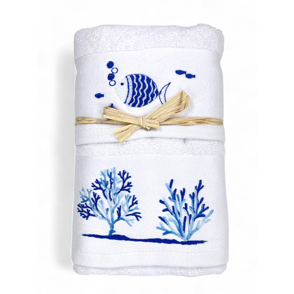 Set asciugamani bianco con pesci e coralli ricamati - spugna 100% cotone Set asciugamani bianco con pesci e coralli ricamati - spugna 100% cotone