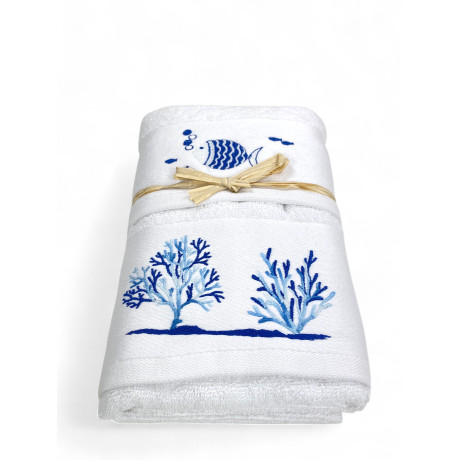 White beach towel - blue fish and coral embroidery - Made in Italy