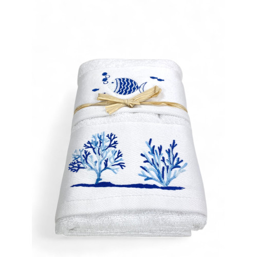 Serviette de plage blanche - poisson bleu et broderie corail - Made in Italy
