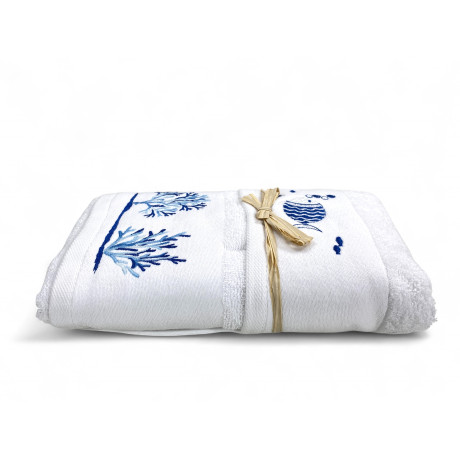 Set bagno nautico bianco con pesci e coralli - tessuto assorbente