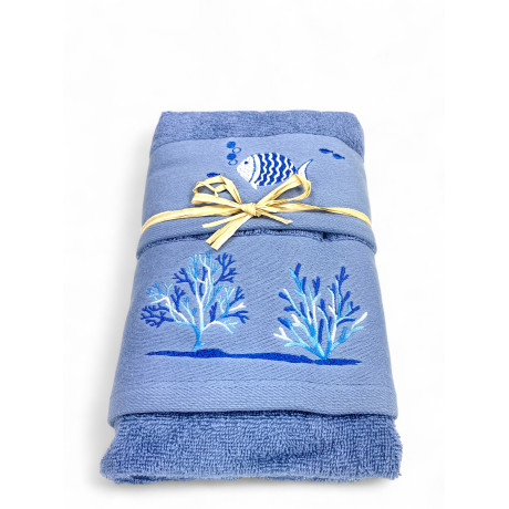 Serviette de plage bleue - broderie poisson blanc et corail - Made in Italy