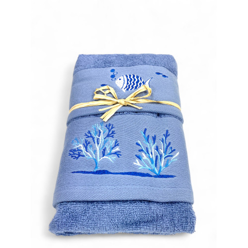 Serviette de plage bleue - broderie poisson blanc et corail - Made in Italy