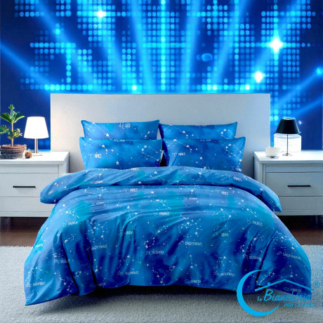 Blue duvet cover "Sleep Time" with zodiac signs on bed