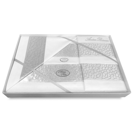 SHARON LAKENSET MIT GRAUEM APPLIZIERTEM RAND DOPPELHOCHZEITSIDEE