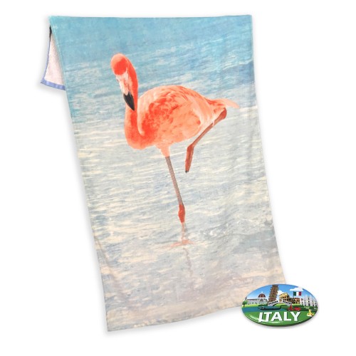 TOALLA DE PLAYA FOTOGRÁFICA EN RIZO TAMAÑO GRANDE CM.80x180 FLAMINGO AL MARE